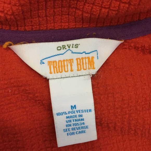 ORVIS Trout Bum Red/Orange'ish Zip Pocket Sleeve Purple Trim Fleece Jacket - Picture 2 of 8